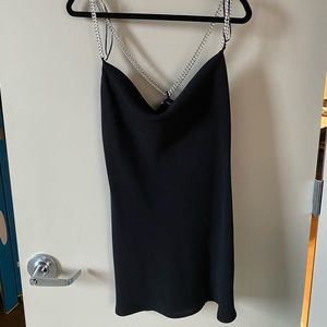 NWT Zara Black Satin Mini Dress with Crystal Chain Straps, size M